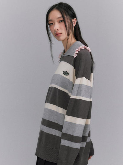 DIDDI MODA Floral Trim Color Block Stripe Knit Top