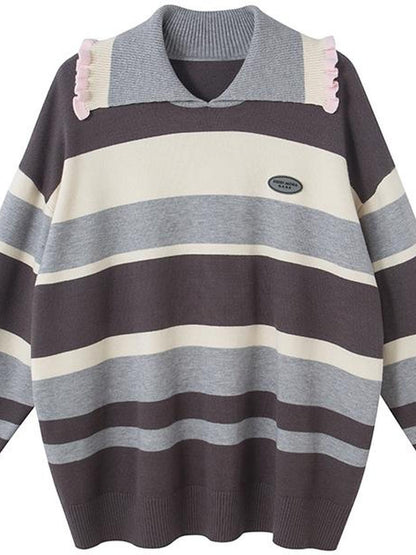 DIDDI MODA Floral Trim Color Block Stripe Knit Top