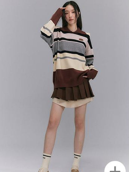 DIDDI MODA Floral Trim Color Block Stripe Knit Top