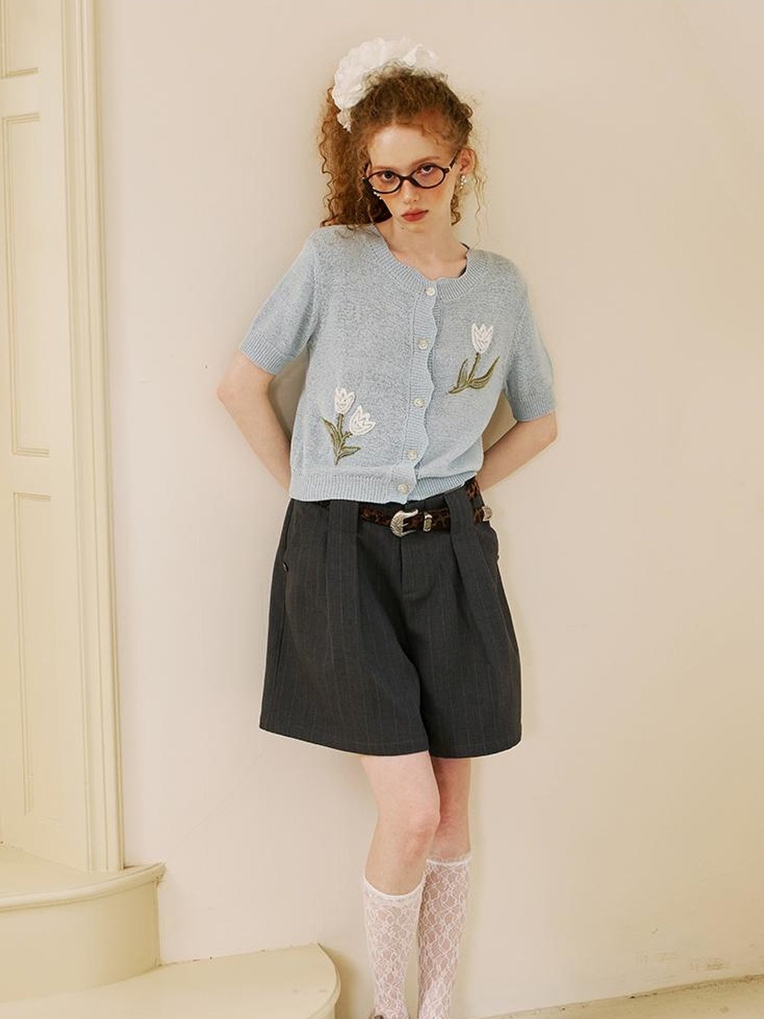 DIDDI MODA Floral Tulip Embroidered Wave Edge Knit Cardigan