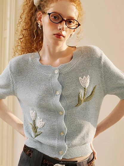Floral Tulip Embroidered Wave Edge Knit Cardigan