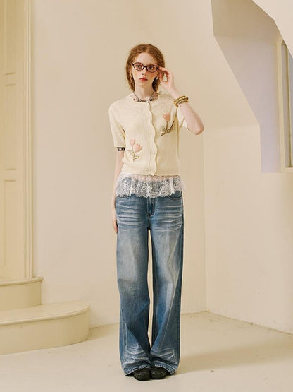 DIDDI MODA Floral Tulip Embroidered Wave Edge Knit Cardigan
