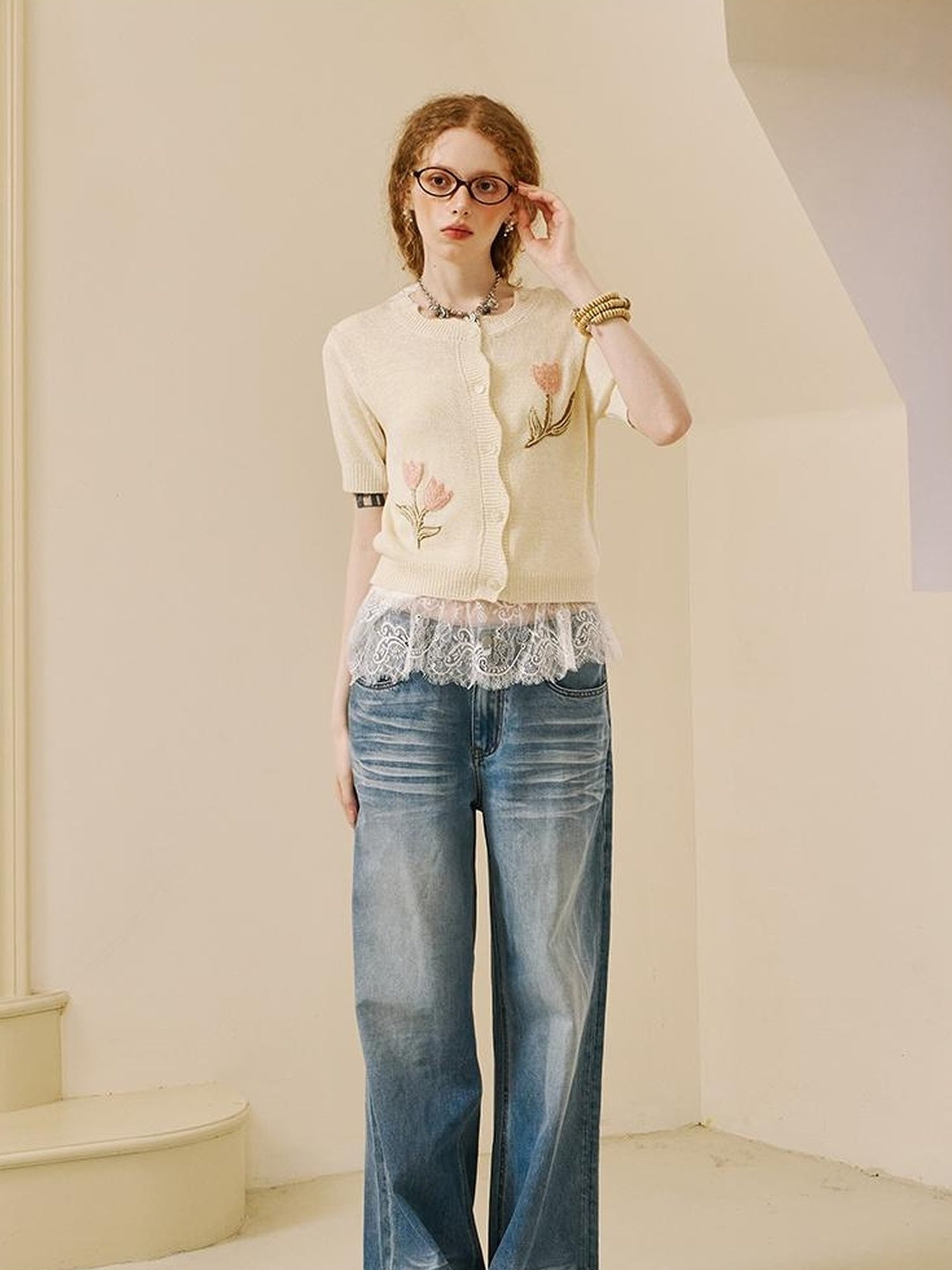 DIDDI MODA Floral Tulip Embroidered Wave Edge Knit Cardigan