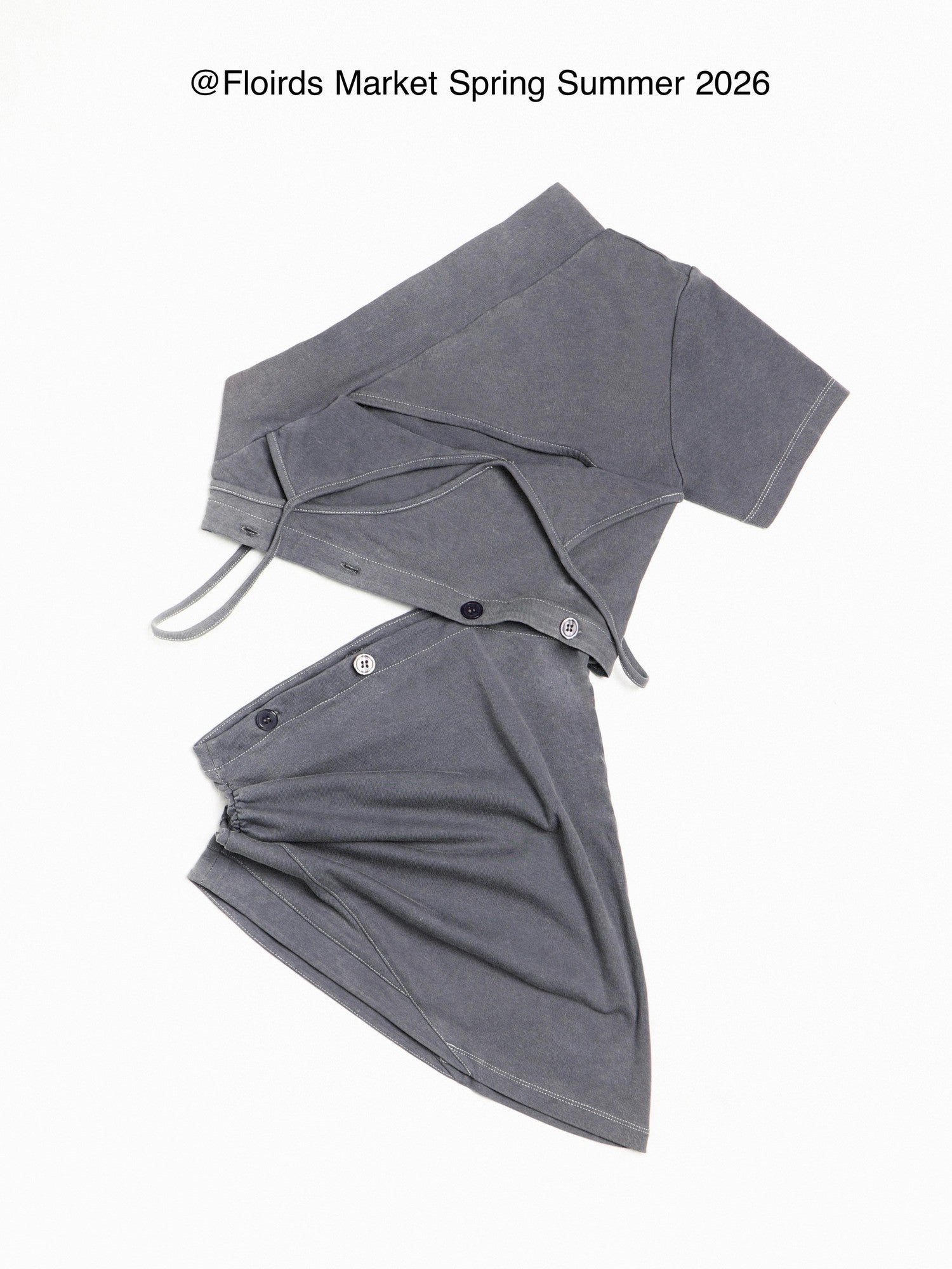 Flowers Birds Market Blue Gray Detachable Asymmetric Drawstring Slim Women&