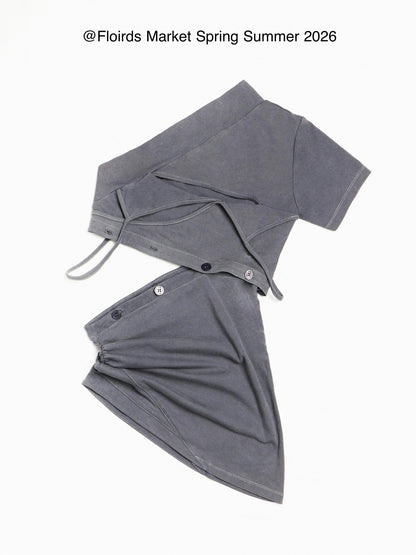 Flowers Birds Market Blue Gray Detachable Asymmetric Drawstring Slim Women&