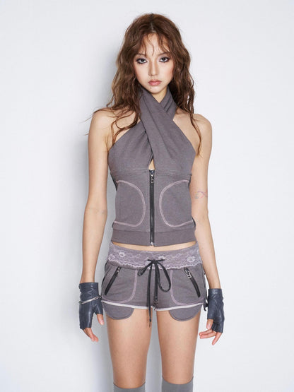 Flowers Birds Market Gray Ruched Cross Neck Contrast Stitch Patch Pocket Women&