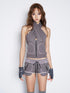 Flowers Birds Market Gray Ruched Cross Neck Contrast Stitch Patch Pocket Women&
