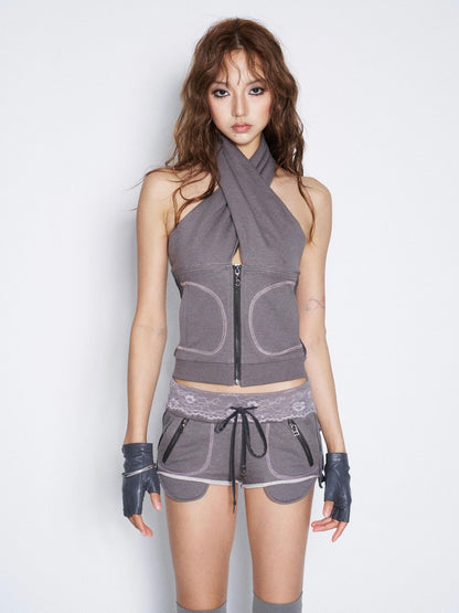 Flowers Birds Market Gray Ruched Cross Neck Contrast Stitch Patch Pocket Women&