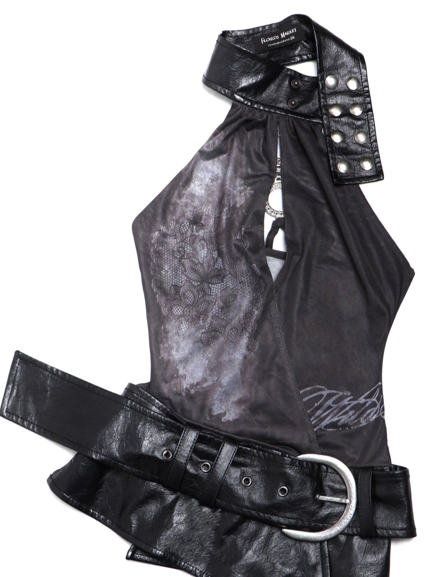 Flowers Birds Market Mesh Leather Splice Halter Open Back Women&