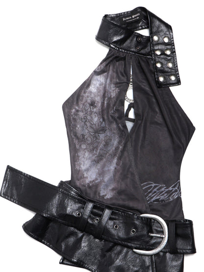 Flowers Birds Market Mesh Leather Splice Halter Open Back Women&