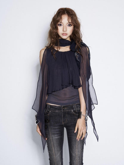 Flowers Birds Market Mesh Ribbon Embroidered Sequin Beaded Square Neck Women&