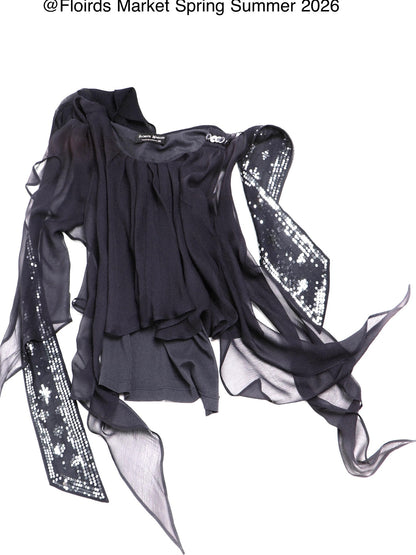 Flowers Birds Market Mesh Ribbon Embroidered Sequin Beaded Square Neck Women&