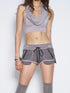 Flowers Birds Market Purple Gray Lace Waist Panel Zipper Drawstring Low Rise Women&
