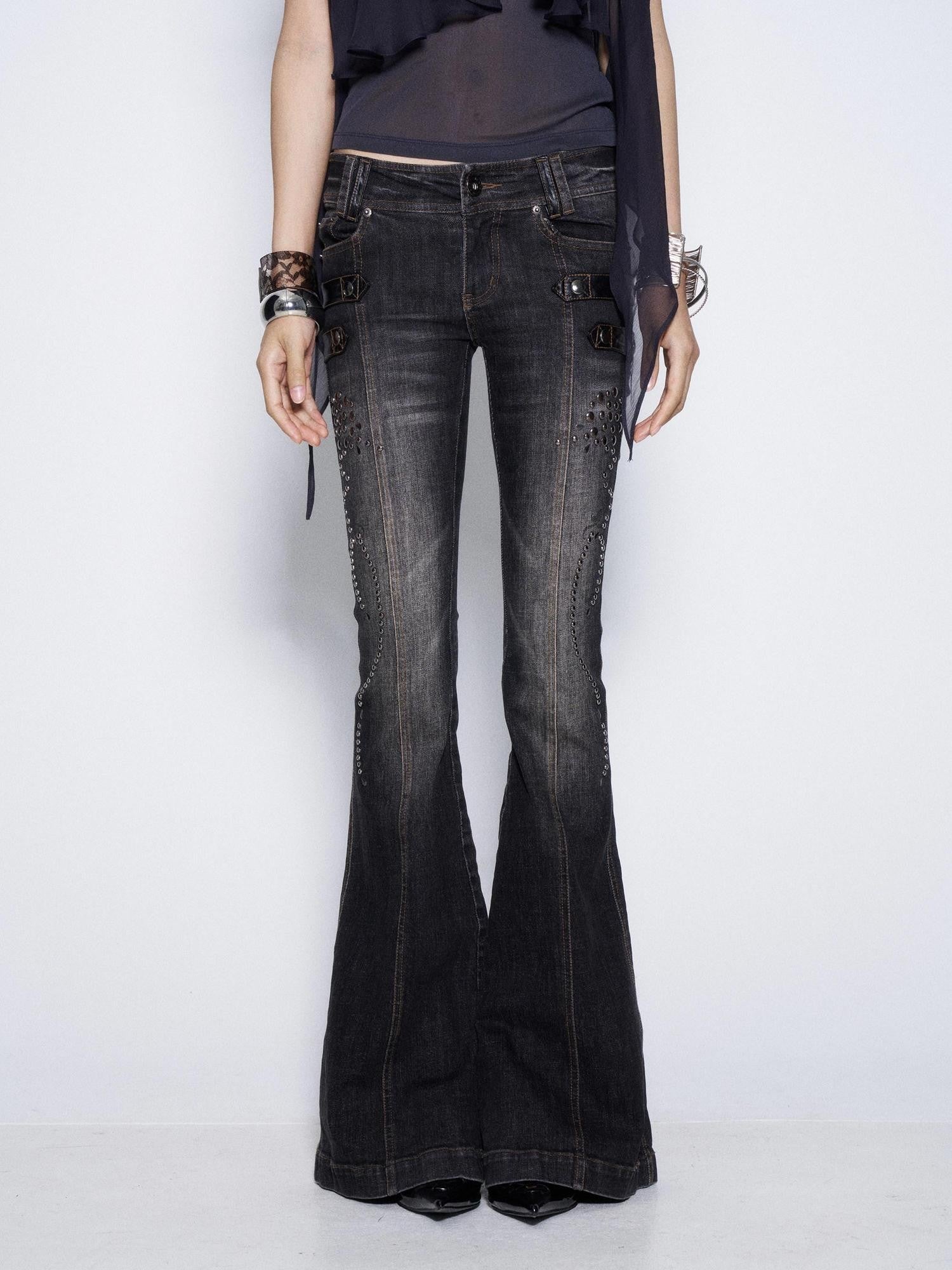 Flowers Birds Market Studded Printed Low Waist Micro Flare Women&
