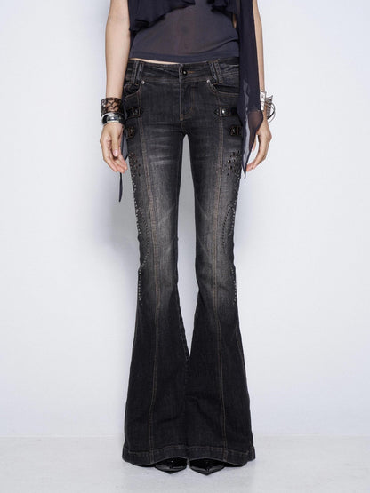Flowers Birds Market Studded Printed Low Waist Micro Flare Women&