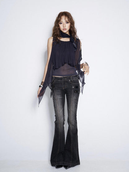 Flowers Birds Market Studded Printed Low Waist Micro Flare Women&