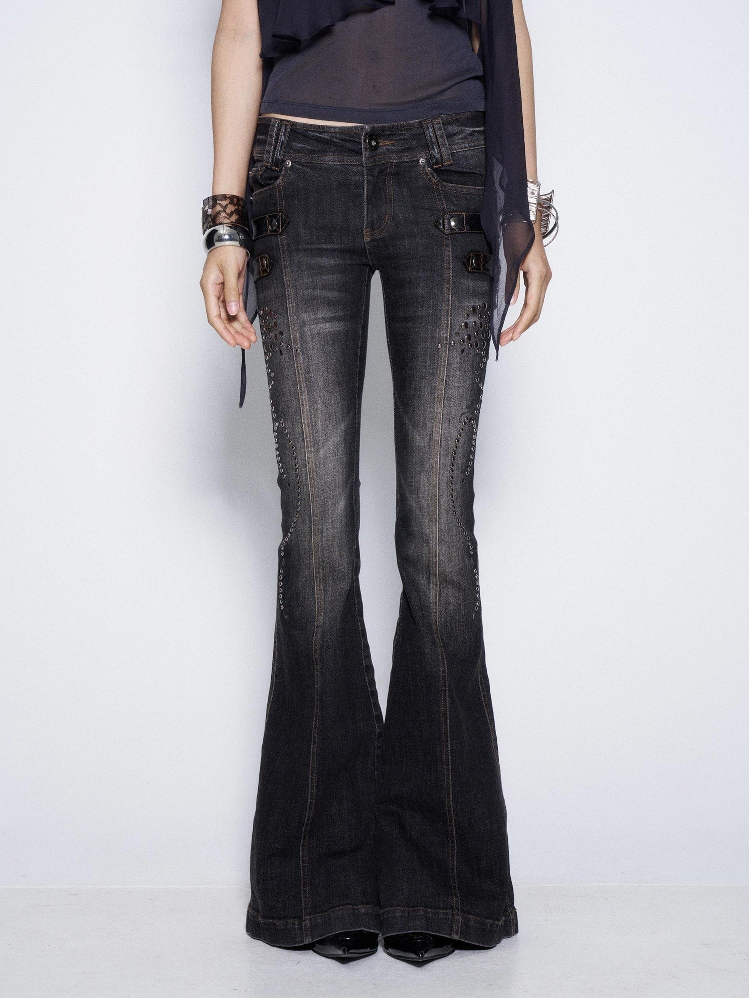 Flowers Birds Market Studded Printed Low Waist Micro Flare Women&