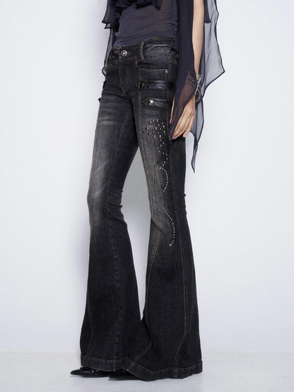 Flowers Birds Market Studded Printed Low Waist Micro Flare Women&