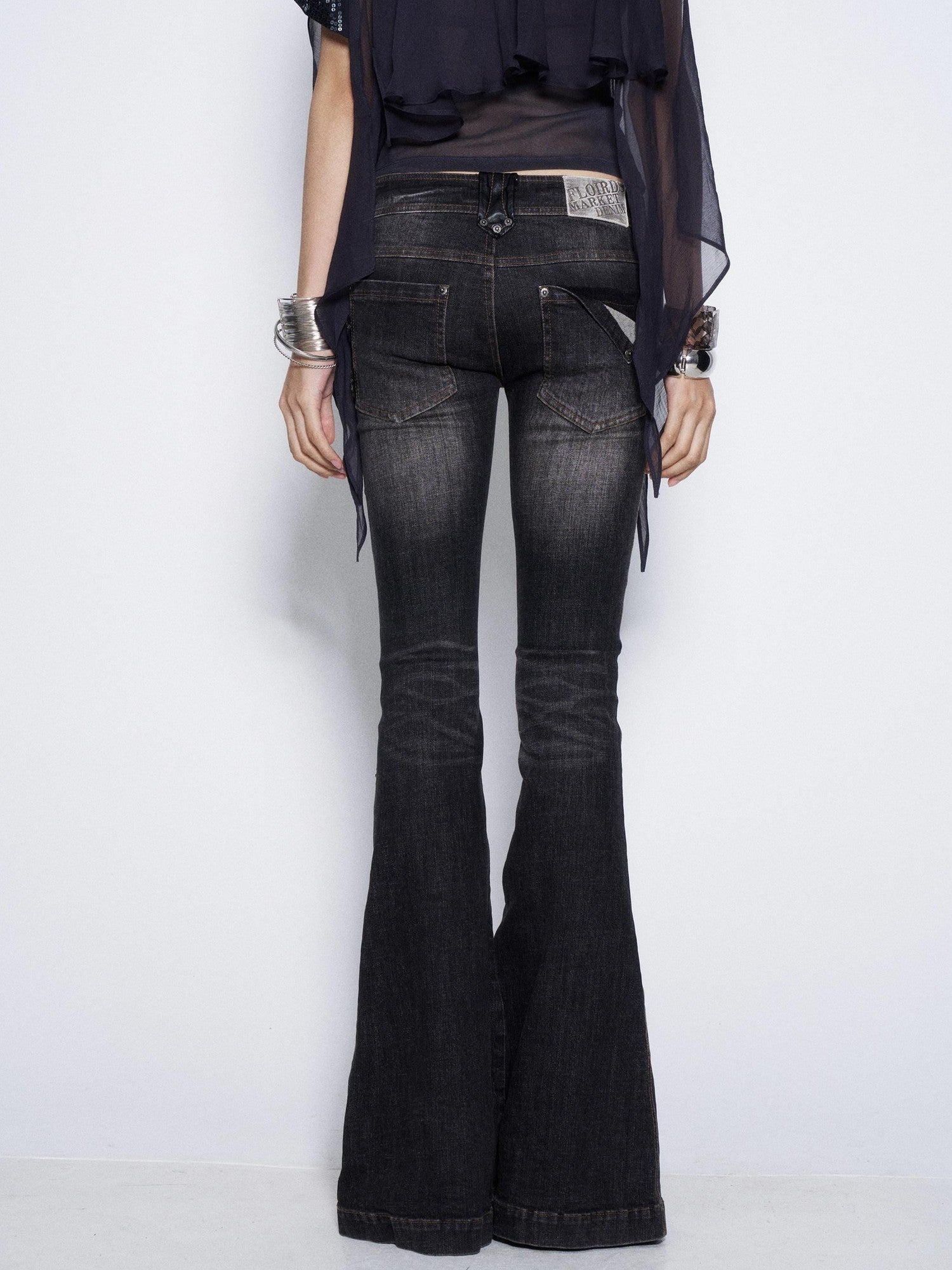 Flowers Birds Market Studded Printed Low Waist Micro Flare Women&