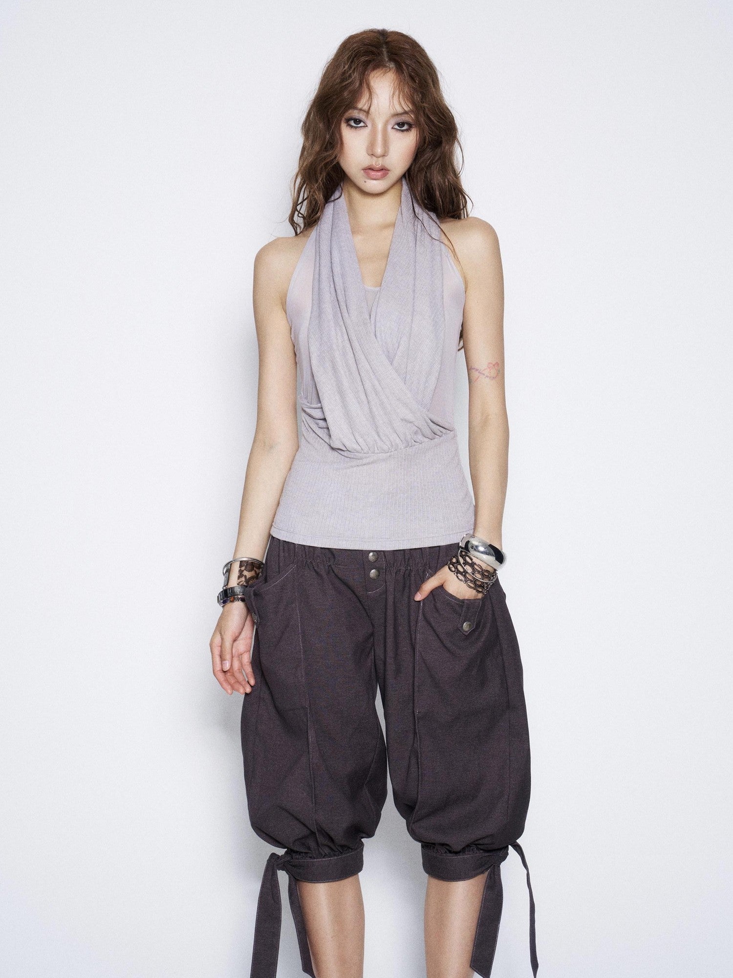 Flowers Birds Market Two Tone Ruched Cross Halter Backless Women&