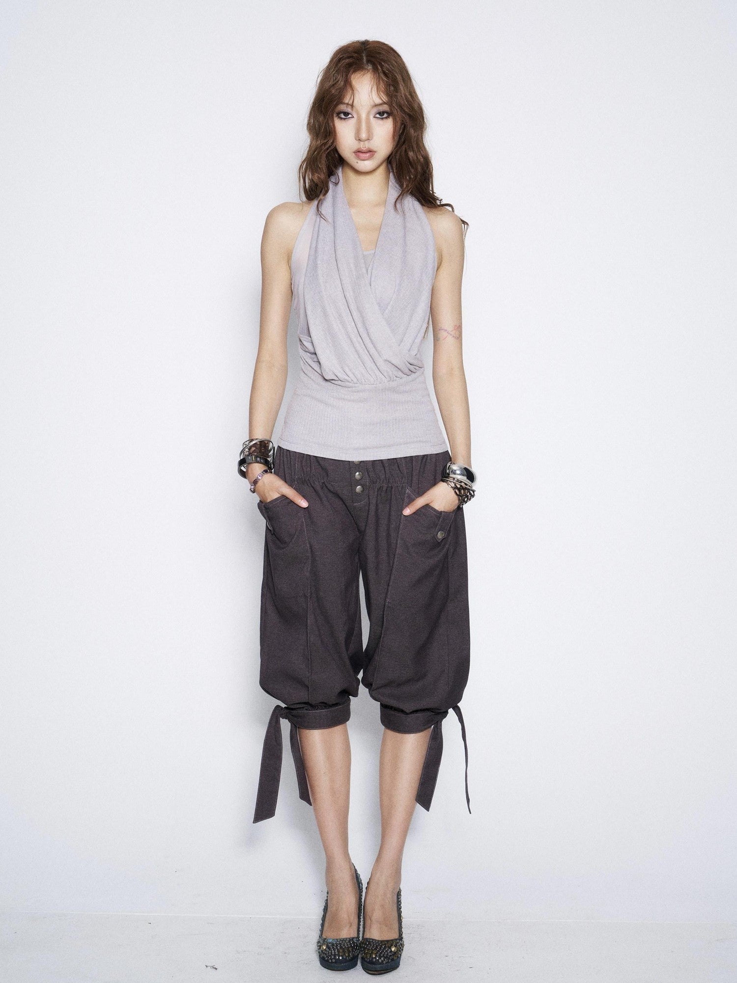 Flowers Birds Market Two Tone Ruched Cross Halter Backless Women&