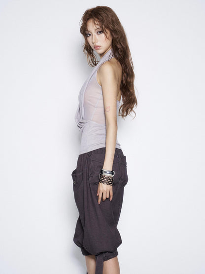 Flowers Birds Market Two Tone Ruched Cross Halter Backless Women&