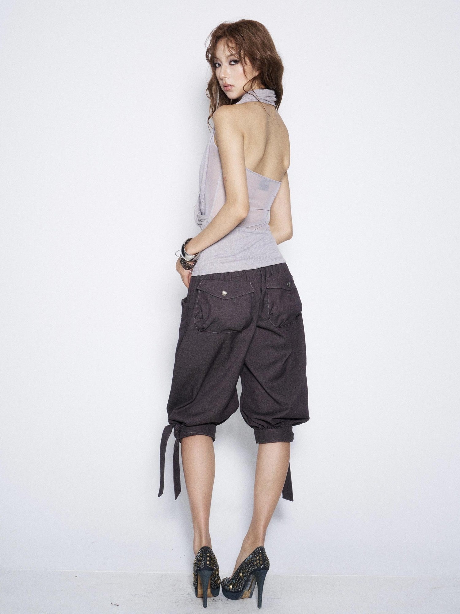 Flowers Birds Market Two Tone Ruched Cross Halter Backless Women&
