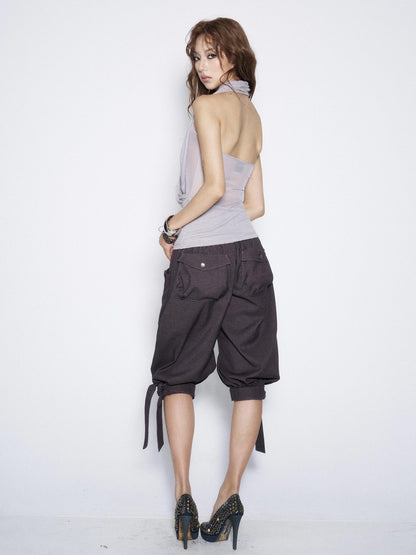 Flowers Birds Market Two Tone Ruched Cross Halter Backless Women&