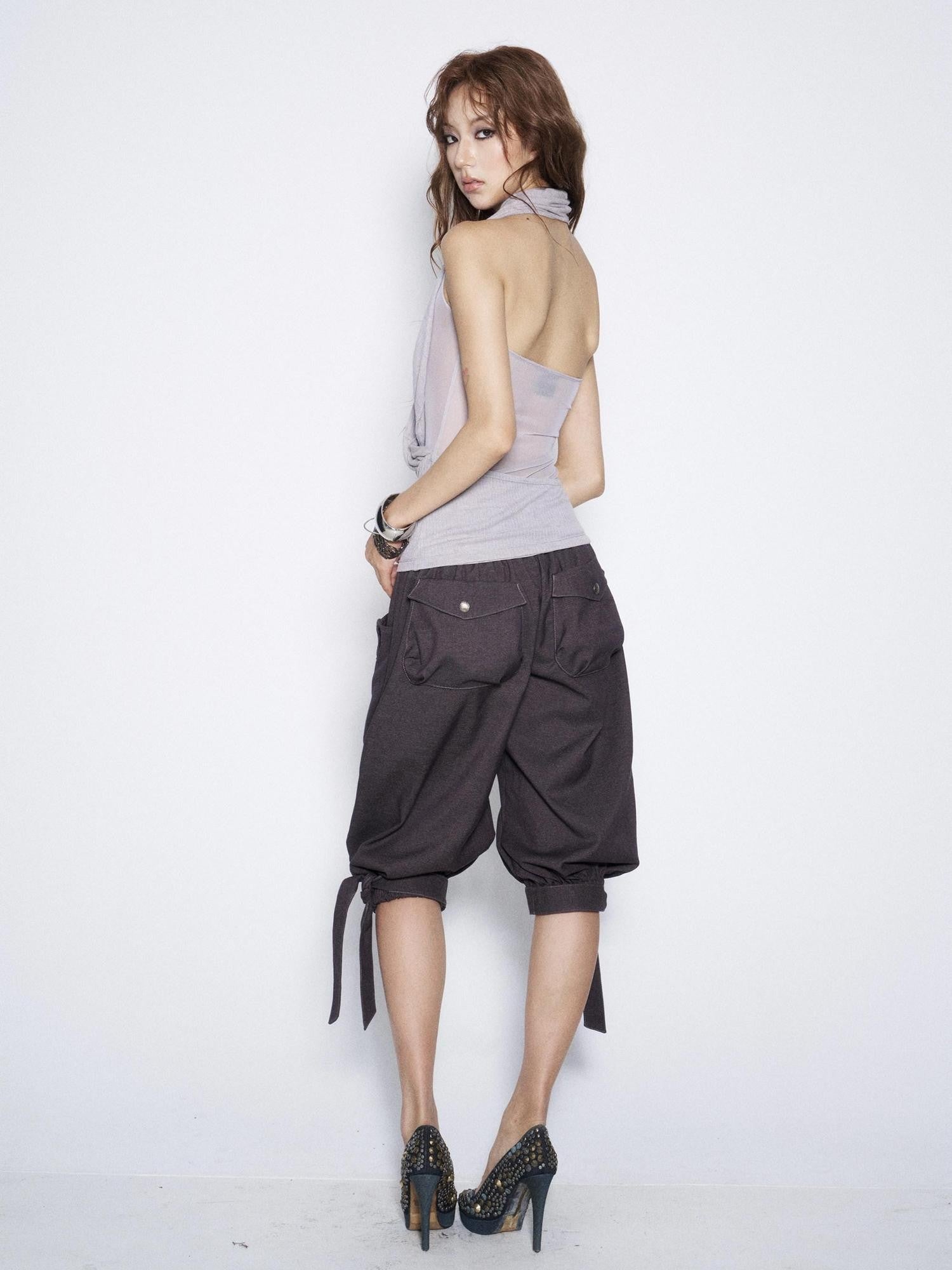 Flowers Birds Market Two Tone Ruched Cross Halter Backless Women&