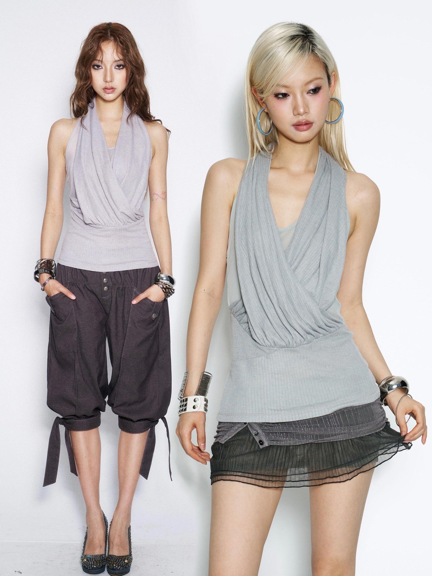 Flowers Birds Market Two Tone Ruched Cross Halter Backless Women&