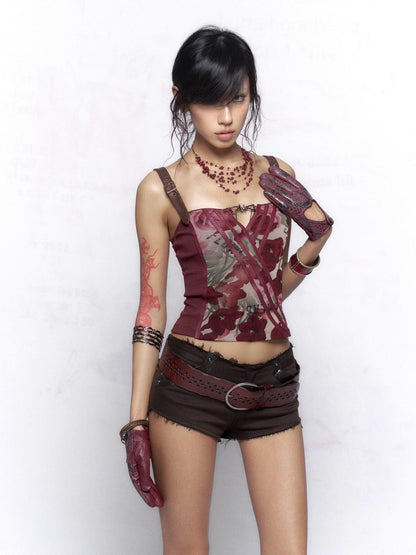 Flowers Birds Market Wine Red Floral Print Leather Splice Zip Slim Fit Women&
