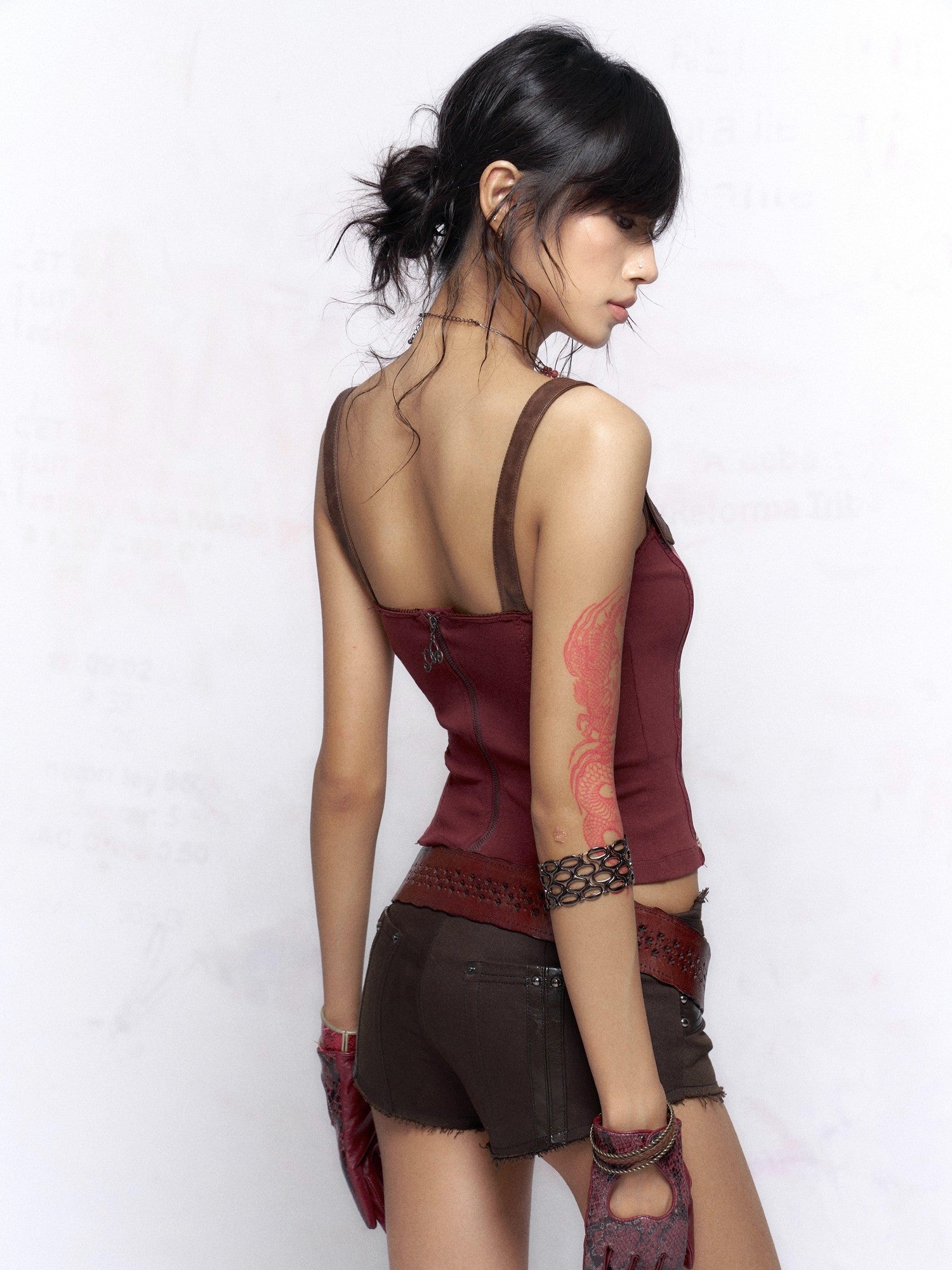 Flowers Birds Market Wine Red Floral Print Leather Splice Zip Slim Fit Women&