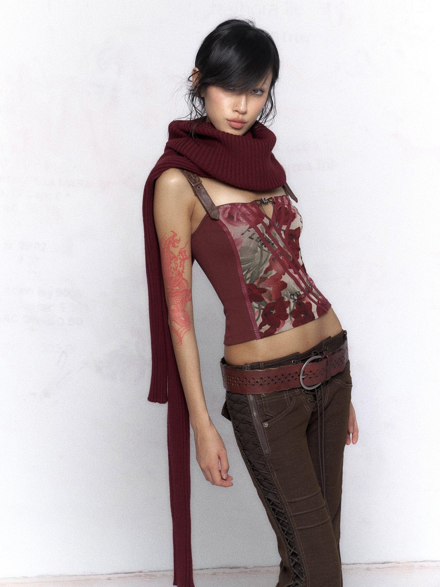 Flowers Birds Market Wine Red Floral Print Leather Splice Zip Slim Fit Women&
