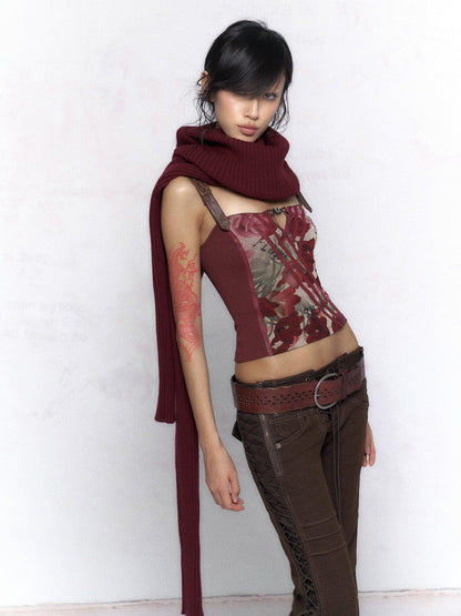 Flowers Birds Market Wine Red Floral Print Leather Splice Zip Slim Fit Women&