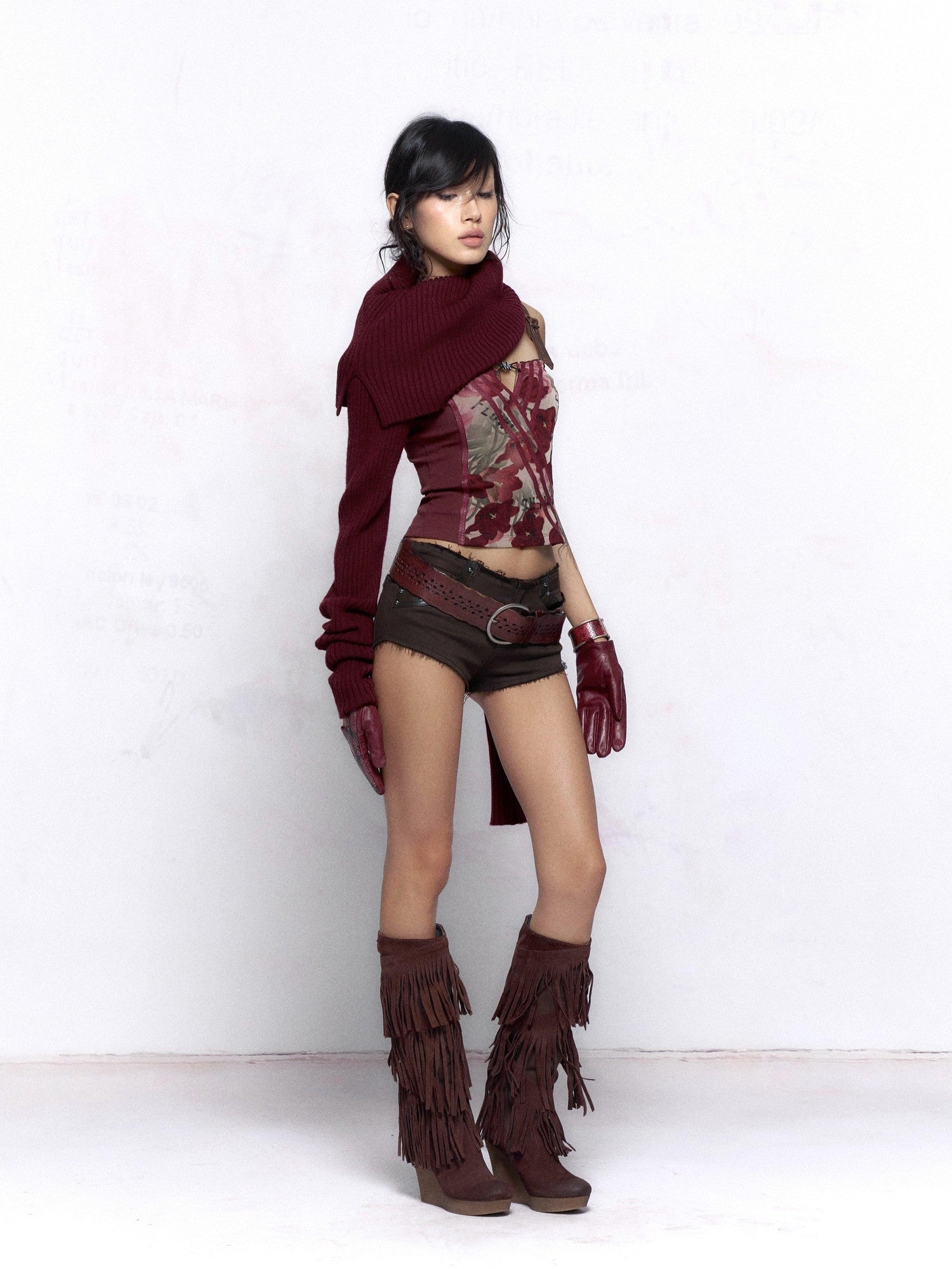 Flowers Birds Market Wine Red Floral Print Leather Splice Zip Slim Fit Women&