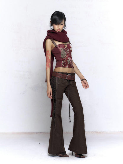 Flowers Birds Market Wine Red Floral Print Leather Splice Zip Slim Fit Women&