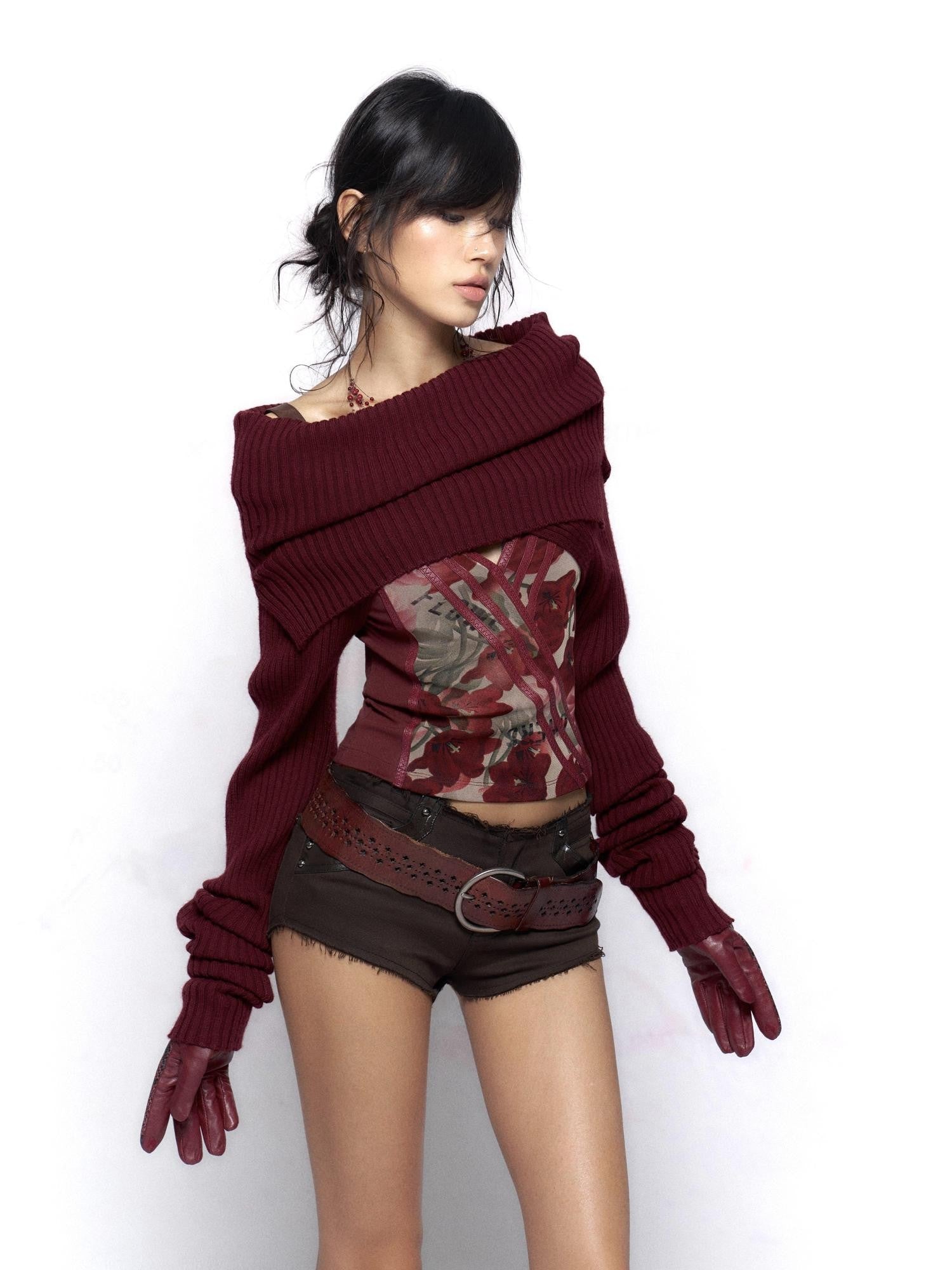 Flowers Birds Market Wine Red Floral Print Leather Splice Zip Slim Fit Women&