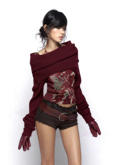 Flowers Birds Market Wine Red Floral Print Leather Splice Zip Slim Fit Women&