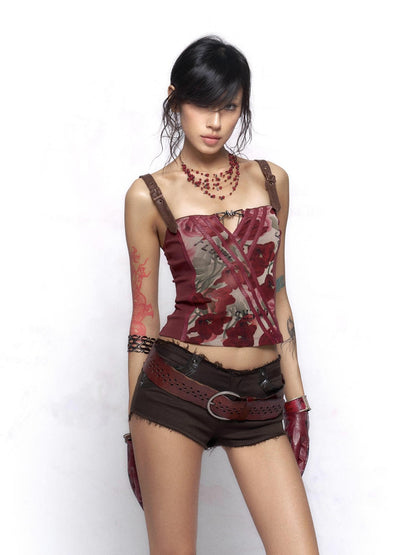 Flowers Birds Market Wine Red Floral Print Leather Splice Zip Slim Fit Women&