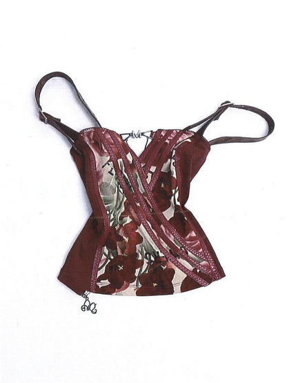 Flowers Birds Market Wine Red Floral Print Leather Splice Zip Slim Fit Women&