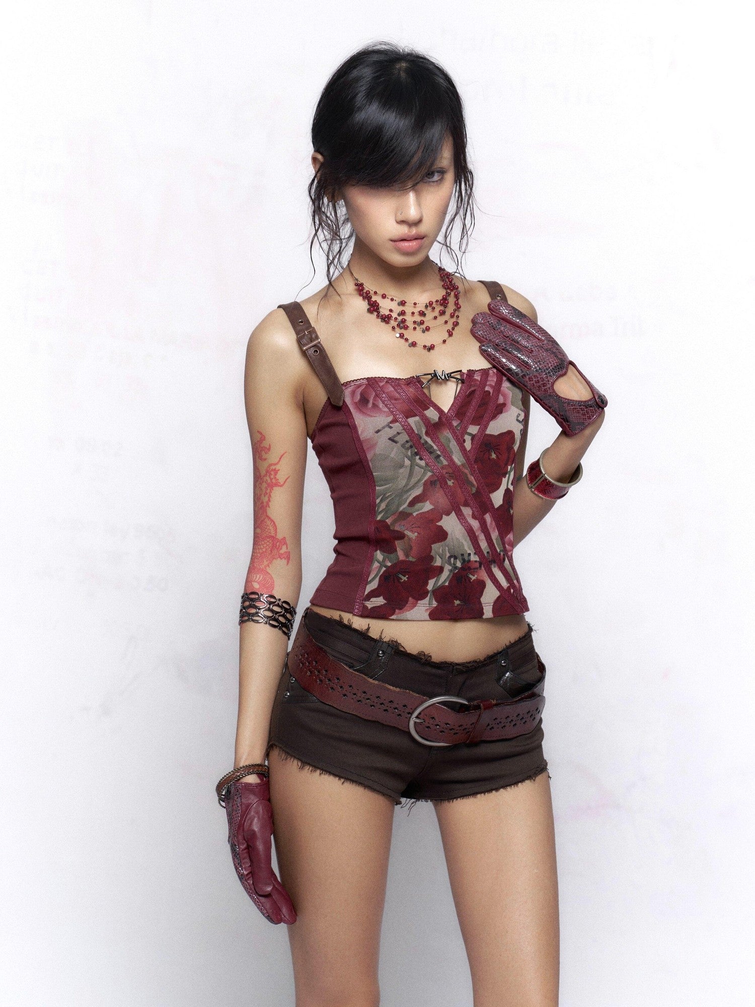 Flowers Birds Market Wine Red Floral Print Leather Splice Zip Slim Fit Women&