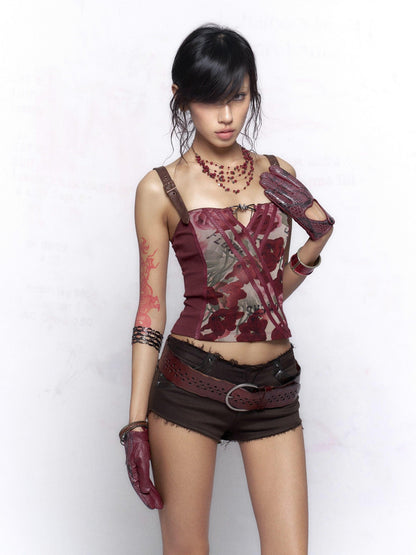 Flowers Birds Market Wine Red Floral Print Leather Splice Zip Slim Fit Women&