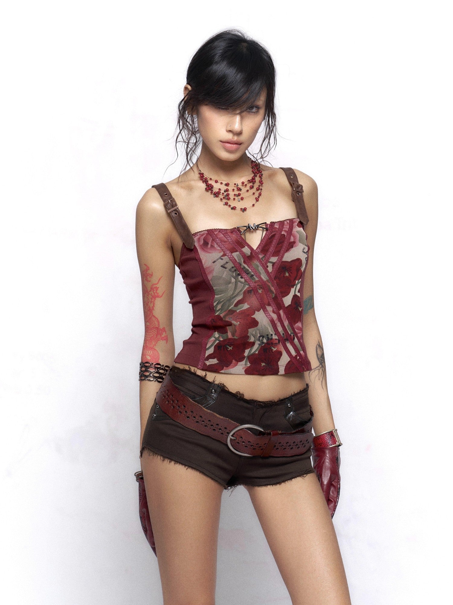 Flowers Birds Market Wine Red Floral Print Leather Splice Zip Slim Fit Women&