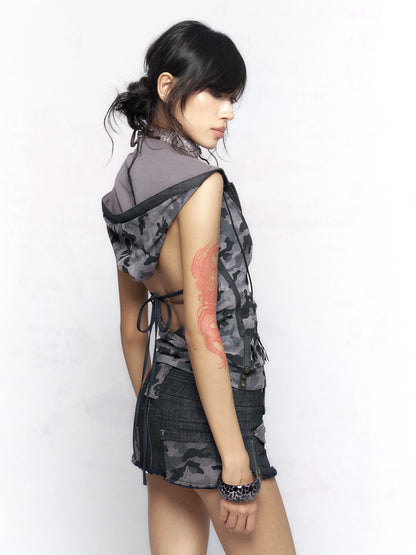 Flowers birds Market 100 Percent Cotton Camo Patchwork Raw Hem Low Rise Slim Fit Vintage Mini Skirt