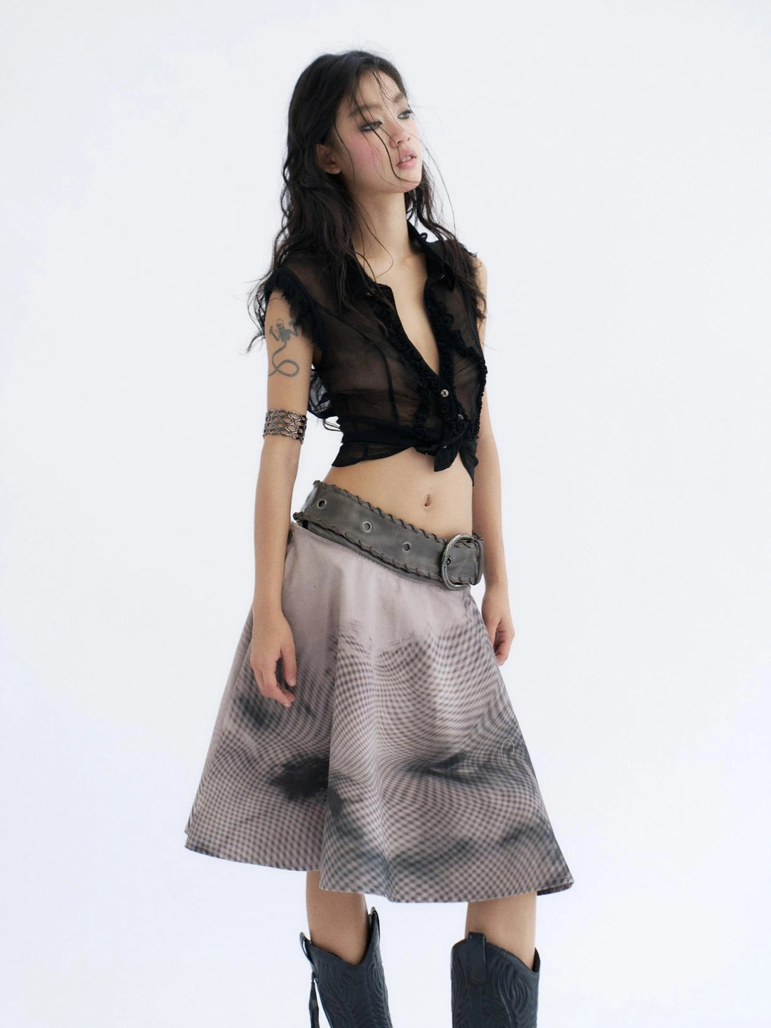 Flowers birds Market 100 Percent Cotton Denim A Line Tie Waist Mid Waist Women Denim Midi Skirt