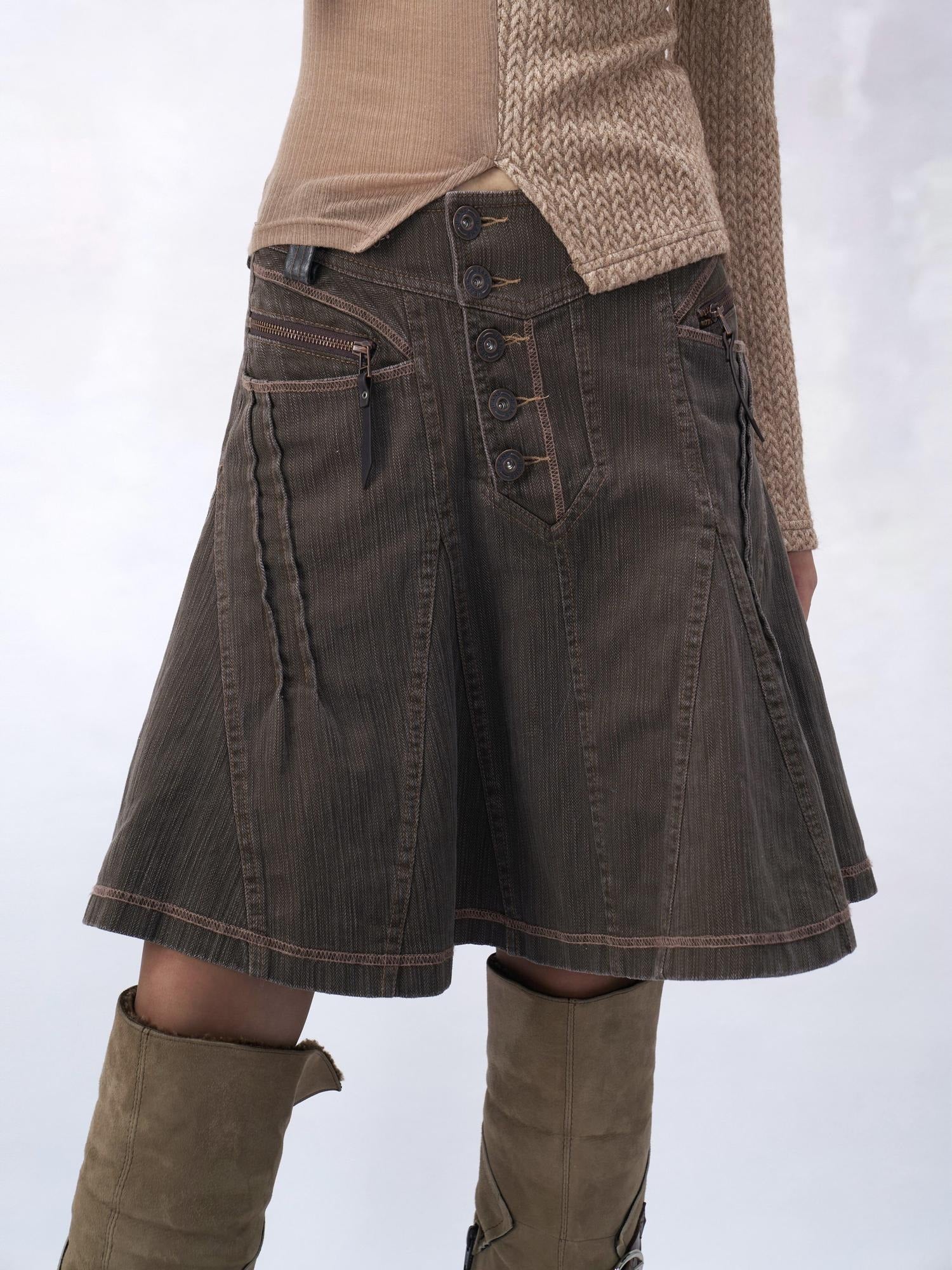 Flowers birds Market 100 Percent Cotton Low Waist Denim Pleated A Line Citywalk Midi Skirts