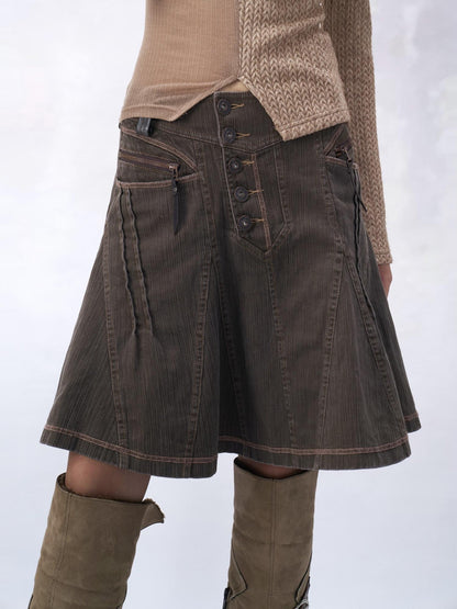 Flowers birds Market 100 Percent Cotton Low Waist Denim Pleated A Line Citywalk Midi Skirts