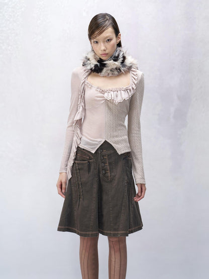 Flowers birds Market 100 Percent Cotton Low Waist Denim Pleated A Line Citywalk Midi Skirts