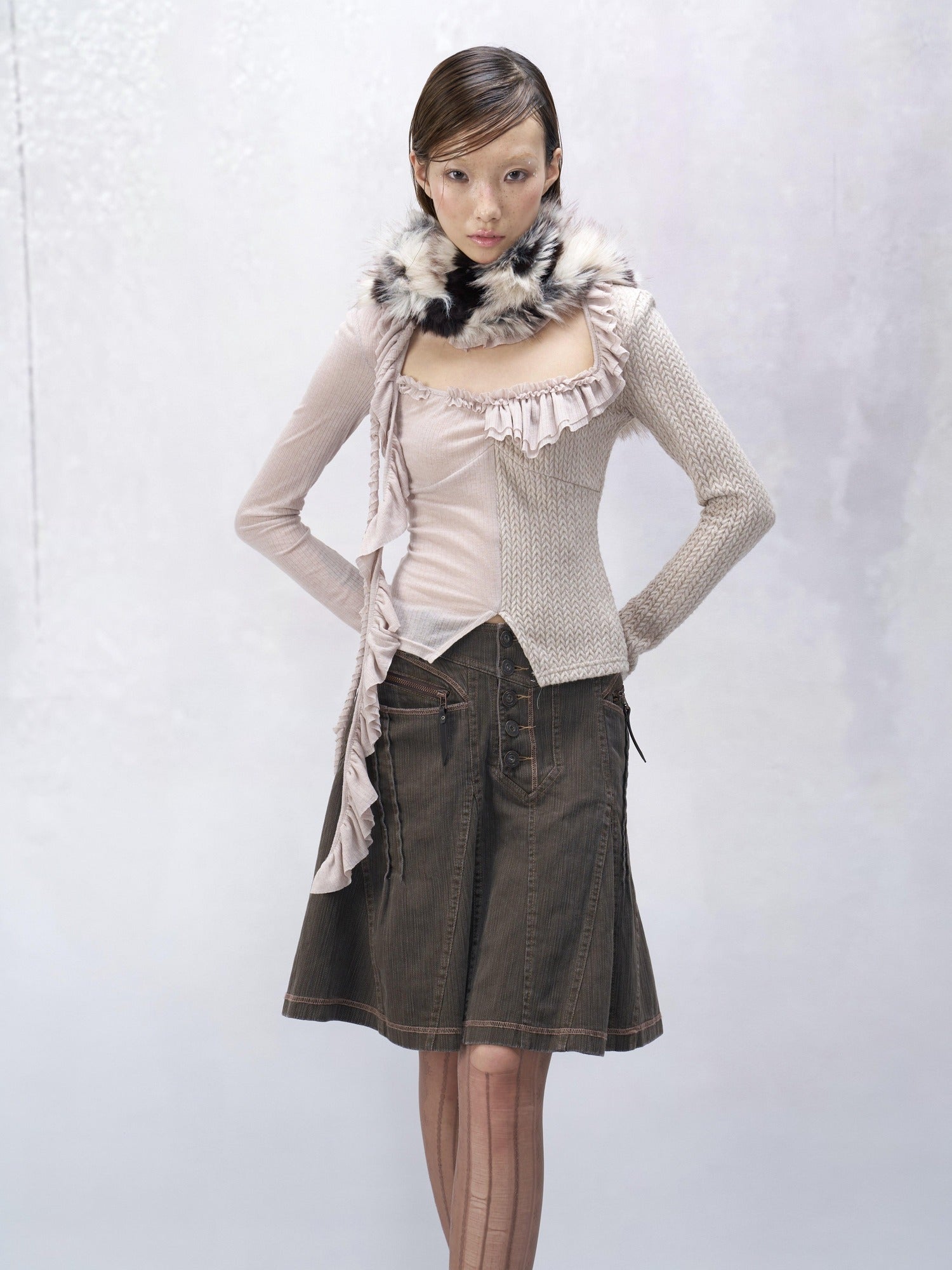 Flowers birds Market 100 Percent Cotton Low Waist Denim Pleated A Line Citywalk Midi Skirts