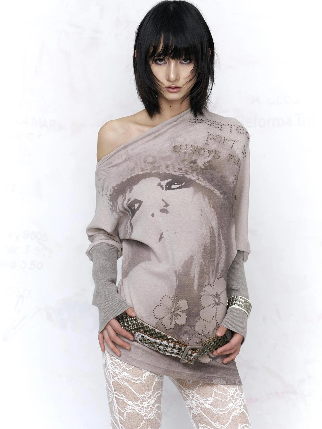 Flowers birds Market All Cotton Warm Gray Rhinestone Floral Graphic Batwing Long Sleeve Women T-Shirt